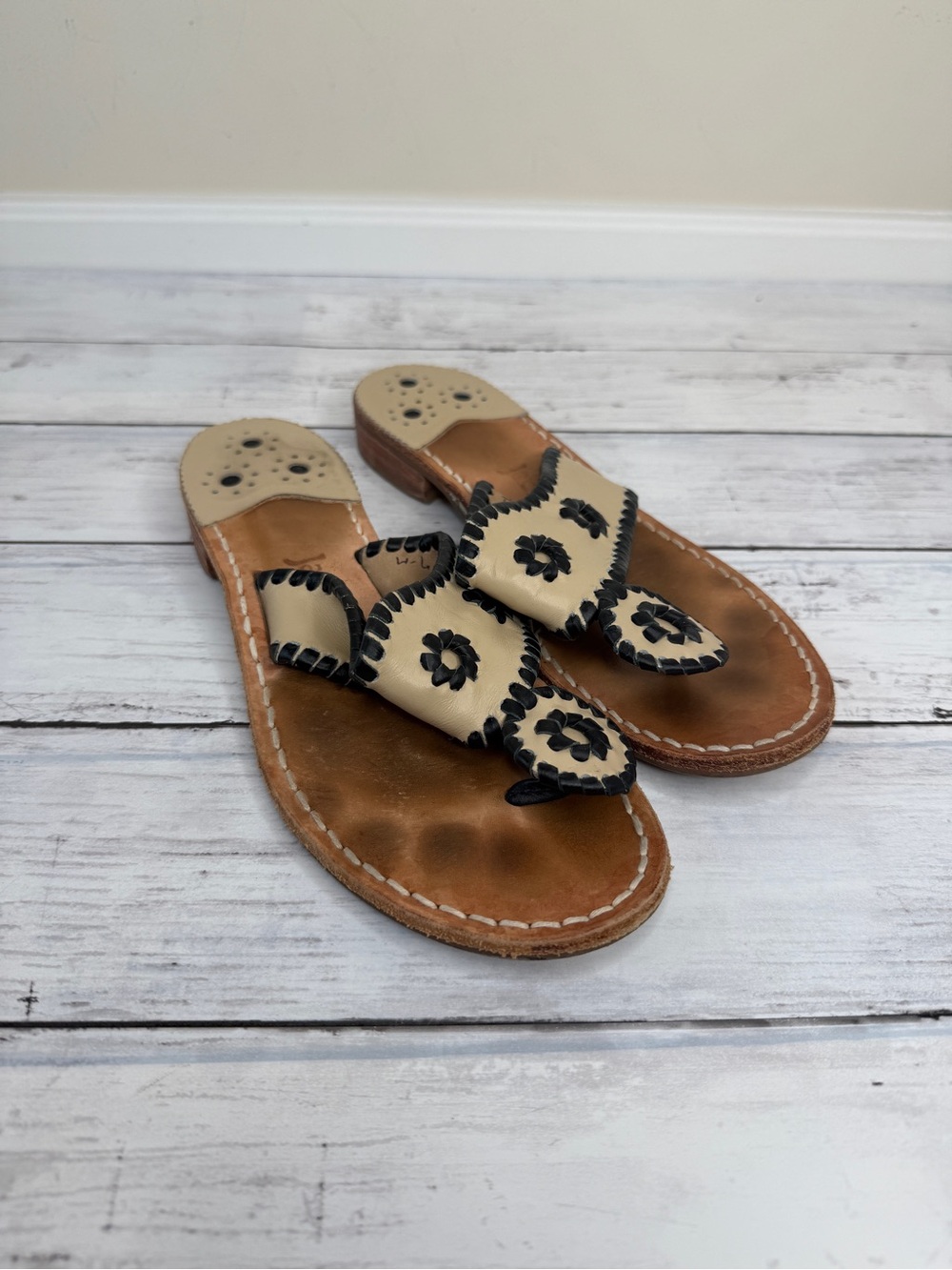 Jack Rogers Cream and Black Handstitched Leather Toe-Ring Sandals